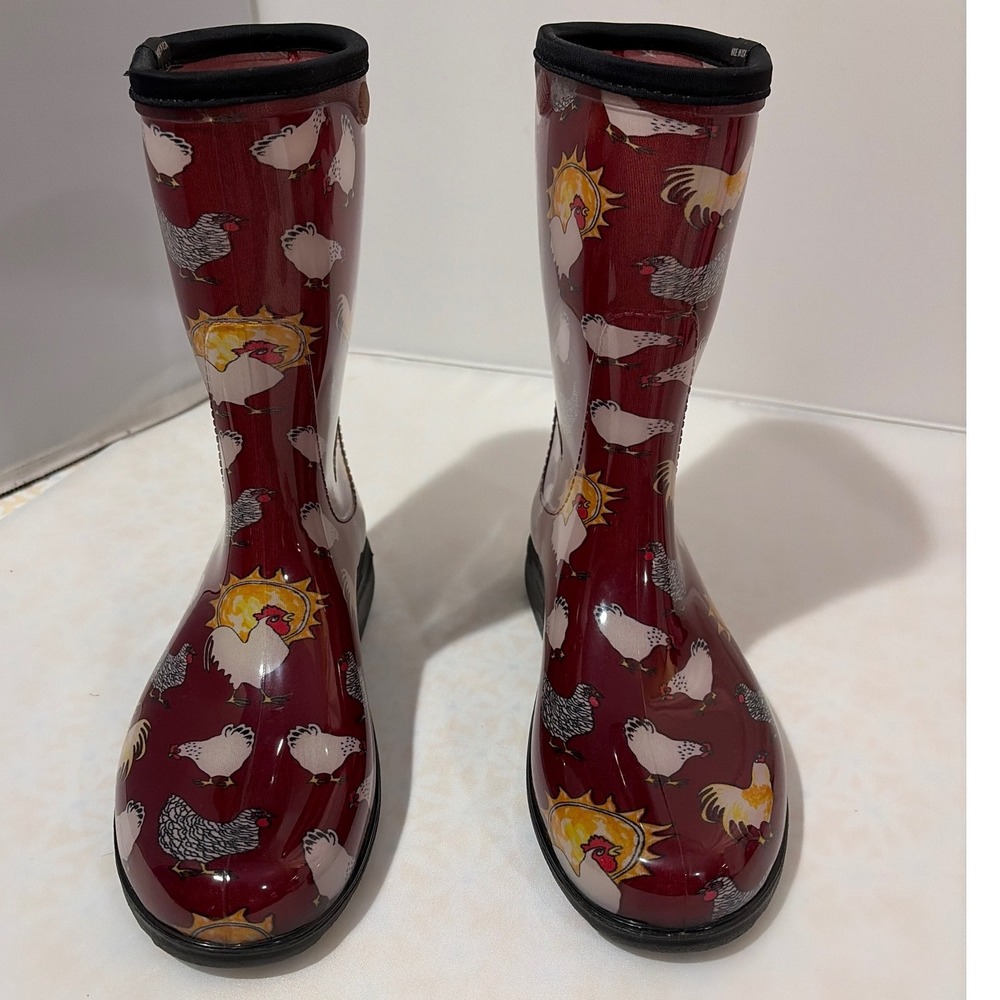 Sloggers Womens Chicken Print Rain Boots Burgundy Red Waterproof Garden Shoes 10
